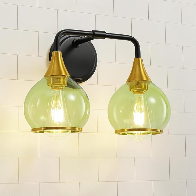 Black and Gold Bathroom Vanity Light 2-Lights Bathroom Light Fixtures Over Mirror with Green Clear Glass Shade 14 inch Wall Sconce Lighting Bath(Exclude E26 Bulb)
