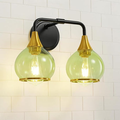 Black and Gold Bathroom Vanity Light 2-Lights Bathroom Light Fixtures Over Mirror with Green Clear Glass Shade 14 inch Wall Sconce Lighting Bath(Exclude E26 Bulb)