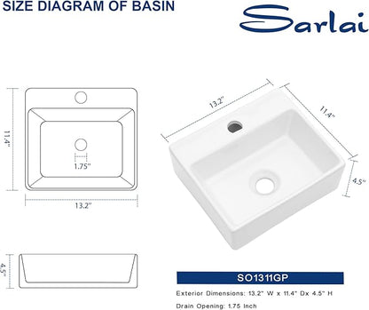 Sarlai Wall Mount Hung Small Vessel Sink - 13"x11" Floating Vessel Sink Wall Mounted Small Bathroom Sinks Tiny Modern Rectangle Floating White Porcelain Ceramic Vanity Sink