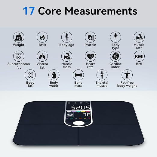 Smart Scale with BMI Body Fat Muscle Mass Digital Bathroom Weight Scale with Accurate 17 Core Body Composition Analyzer Fat Percentage Dual Large VA Color Screen Bluetooth Sync App for Home Use
