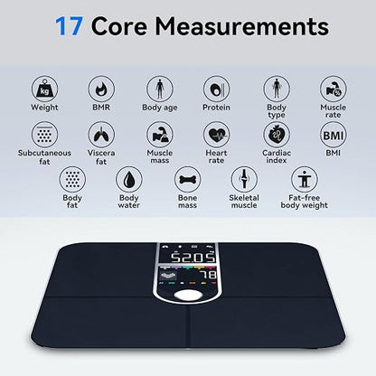 Smart Scale with BMI Body Fat Muscle Mass Digital Bathroom Weight Scale with Accurate 17 Core Body Composition Analyzer Fat Percentage Dual Large VA Color Screen Bluetooth Sync App for Home Use