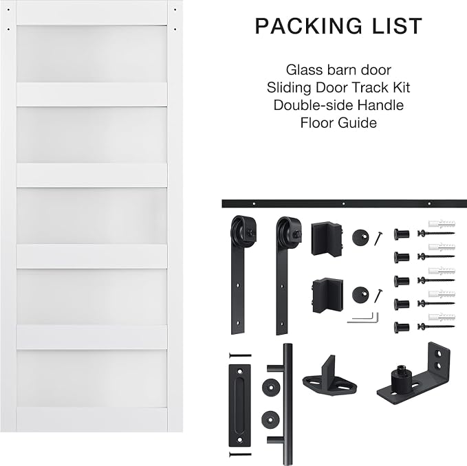 36in x 80in 5-Panel Sliding Glass Barn Door with 4ft Hardware Kit | Easy Assembly with Pre-Drilled Holes, Waterproof, Frosted Glass for Bathroom-Fit Max Opening 34in x 78in