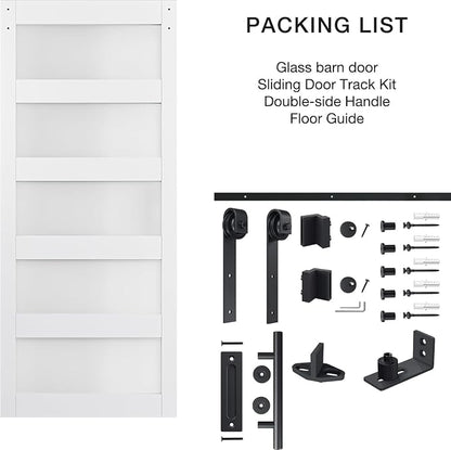 36in x 84in 5-Panel Sliding Glass Barn Door with 4ft Hardware Kit | Easy Assembly with Pre-Drilled Holes, Waterproof, Frosted Glass for Bathroom-Fit Max Opening 34in x 82in