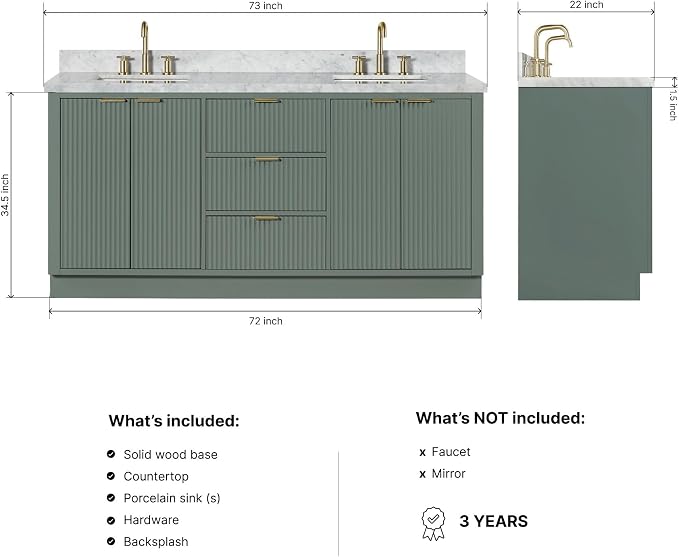 ARIEL Milan 72-inch Bathroom Vanity with Sink,Solid Wood, 1.5-inch Italian Carrara Marble Countertop, Double Rectangular Porcelain Sink, Soft Closing Doors, Dovetail Drawers, Vintage Green