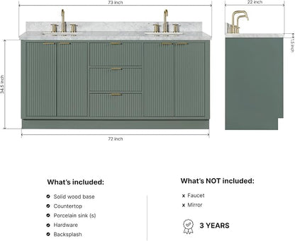 ARIEL Milan 72-inch Bathroom Vanity with Sink,Solid Wood, 1.5-inch Italian Carrara Marble Countertop, Double Rectangular Porcelain Sink, Soft Closing Doors, Dovetail Drawers, Vintage Green