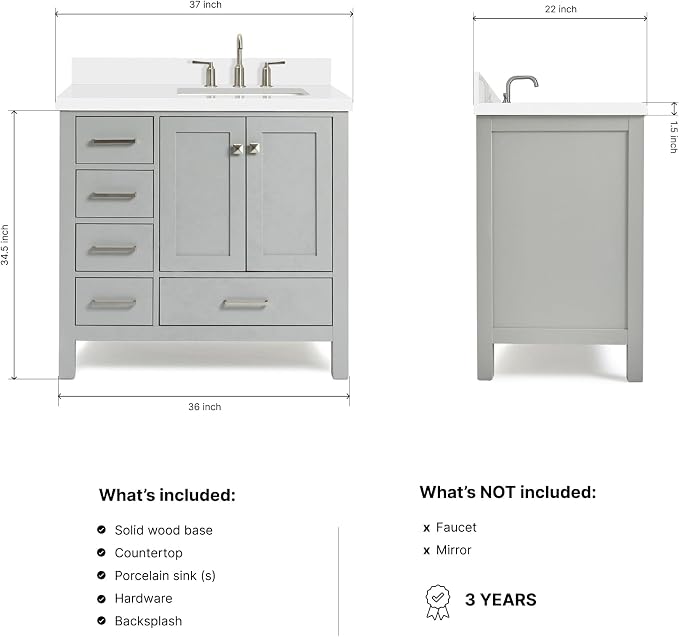 ARIEL Cambridge 36-inch Bathroom Vanity with Sink,Solid Wood, 1.5-inch Pure White Quartz Countertop & Backsplash, Single Rectangular Porcelain Sink, 2 Soft Closing Doors, 5 Dovetail Drawers, Grey