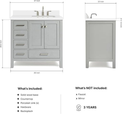 ARIEL Cambridge 36-inch Bathroom Vanity with Sink,Solid Wood, 1.5-inch Pure White Quartz Countertop & Backsplash, Single Rectangular Porcelain Sink, 2 Soft Closing Doors, 5 Dovetail Drawers, Grey