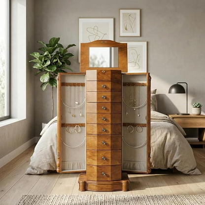 Hives and Honey Florence Jewelry Armoire – Jewelry Storage Organizer with 8 Felt-Lined Drawers, Vanity Mirror, Ring Rolls, Tangle-Free Necklace Hooks, Locking Lid