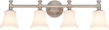 Bathroom Vanity Light Fixtures, Traditional Brushed Nickel 4 Lights Wall Sconce Lighting with Opal Glass Shade, Porch Wall Mount Light Fixture for Bathroom, Mirror Cabinets Hallway Stairs