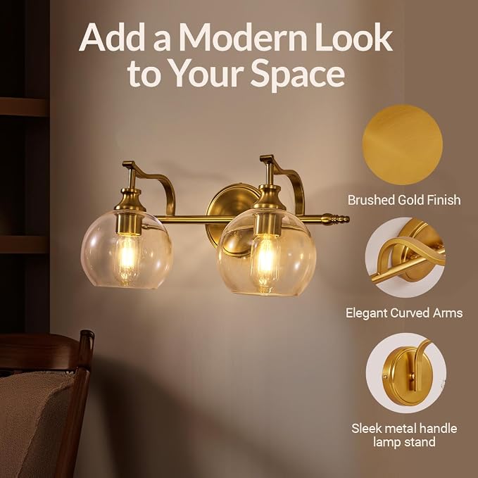 Gold Bathroom Light Fixtures, 2-Light Brass Vanity Light, Modern Sconces with Globe Clear Lampshade, Farmhouse Bathroom Lighting Fixtures Over Mirror with Metal Lamp Body, E26 Base