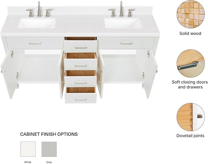 ARIEL Bristol 72-inch Bathroom Vanity with Sink,Solid Wood, 1.5-inch Carrara White Quartz Countertop & Backsplash, Double Rectangular Porcelain Sink, 4 Soft Closing Doors, 4 Dovetail Drawers, White