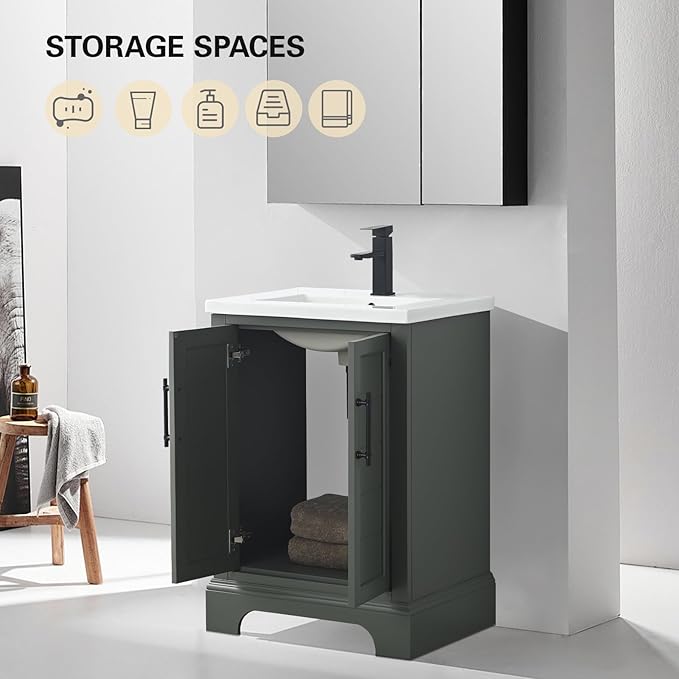 HOMEBEYOND 24 Inch Bathroom Vanity with Single Sink & Ceramic Top, Vanity Cabinet with Center Countertop Basin, Soft-Closing Doors,Vintage Green