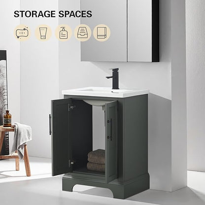 HOMEBEYOND 24 Inch Bathroom Vanity with Single Sink & Ceramic Top, Vanity Cabinet with Center Countertop Basin, Soft-Closing Doors,Vintage Green