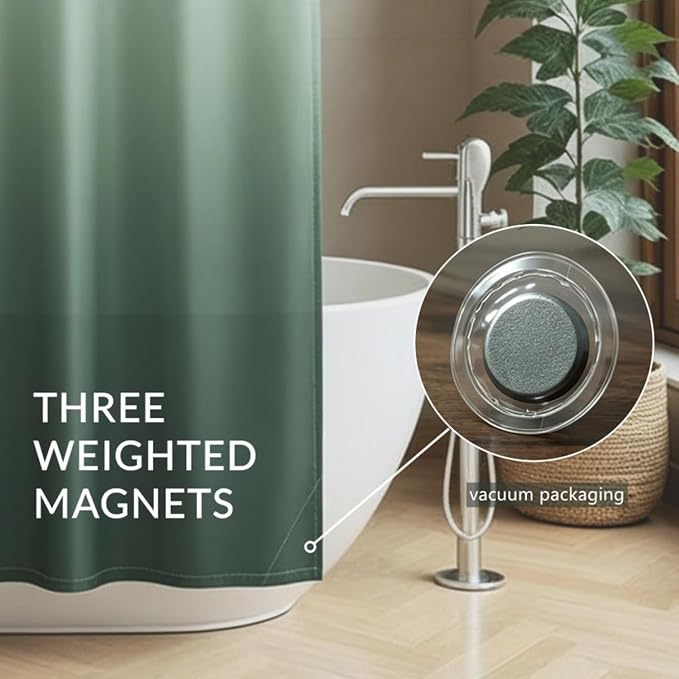 Felisa Ombre Dark Green and White Shower Curtain Liner,Waterproof Fabric Shower Curtain with 3 Weighted Magnets, Odorless Cloth Lightweight Bathroom Curtain,Sturdy Rustproof Grommets,72 x 72