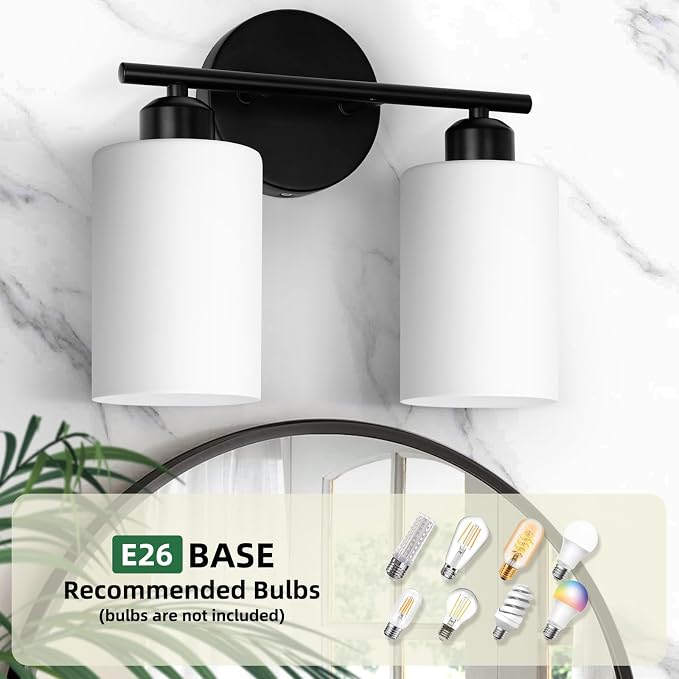 2-Light Bathroom Light Fixtures, Black Modern Vanity Lights with Milky White Frosted Glass Shades, Wall Sconce Light for Bedroom, Living Room and Hallway, 2-Pack