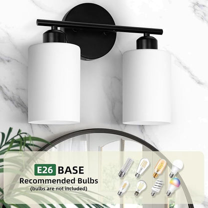 2-Light Bathroom Light Fixtures, Black Modern Vanity Lights with Milky White Frosted Glass Shades, Wall Sconce Light for Bedroom, Living Room and Hallway, 2-Pack