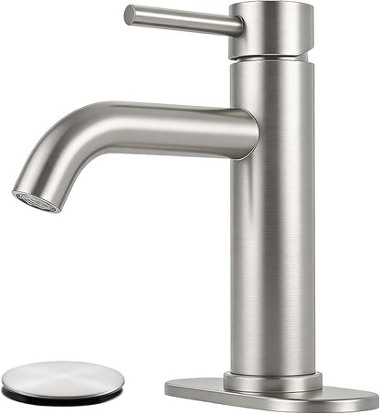 Bathroom Faucets Brushed Nickel Bathroom Sink Faucet Modern Single Handle Bathroom Faucet for 1 or 3 Hole Mxier Tap Washbasin Faucet with Deck, Pop-up Drain and Supply Hoses
