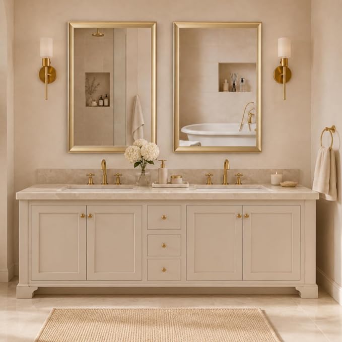 2 Pack Brushed Gold Bathroom Mirrors for Over Sink, 24x36 Inch | Champagne Gold Rectangle Vanity Mirror for Bedroom, Entryway, Living Room Decor, Aluminum Framed, Curved Wide Edge