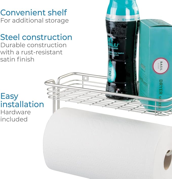 iDesign Classico Steel Wall Mounted Paper Towel Holder with Shelf Paper Towel Dispenser for Kitchen, Bathroom, Laundry Room, Garage, Office , Satin