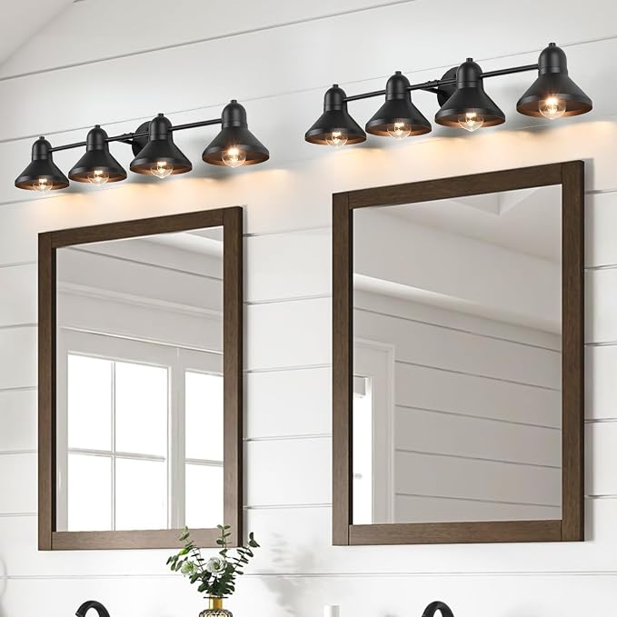 Bairth Bathroom Light Fixtures,4-Light Black Metal Vanity Light Over Mirror | Farmhouse Rustic Industrial Bathroom Vanity Light, Modern Bathroom Lights with Metal Shade for Living Room Cabinet Hallway
