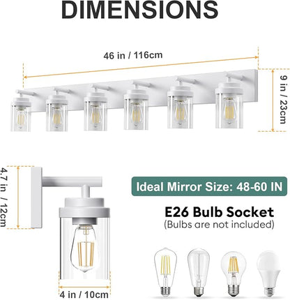 IZORRO Bathroom Vanity Light Fixture, 6-Light 46 Inch White Bathroom Light Fixtures Over Mirror, with Clear Glass Shade, Modern Farmhouse Vanity Lights, Rustic Restroom Lighting Fixtures