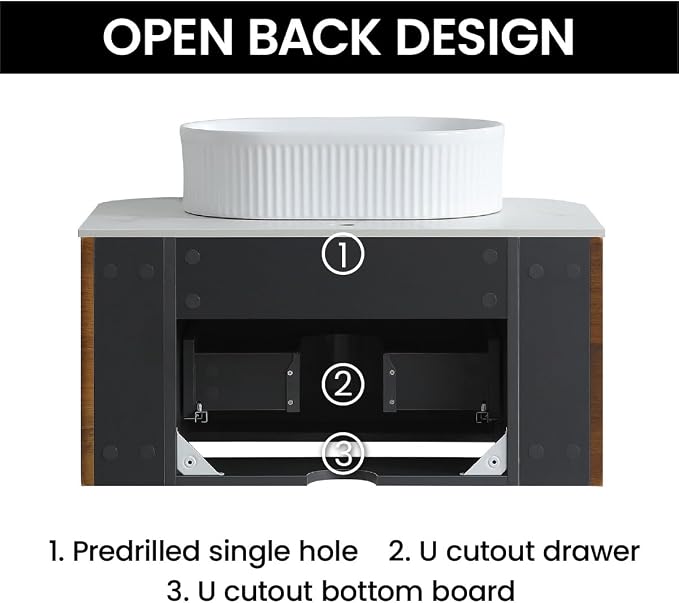 30" Preassembled Floating Bathroom Vanity with White Sink, Walnut | Mid-Century Modern Style, Fluted & Soft-Close Drawer with U-shaped Wall, Sinterted Stone Countertop, Towel Rack Included