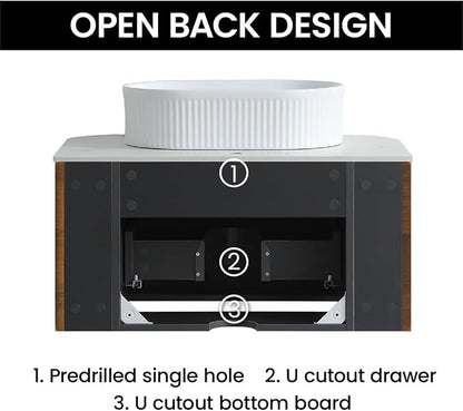 30" Preassembled Floating Bathroom Vanity with White Sink, Walnut | Mid-Century Modern Style, Fluted & Soft-Close Drawer with U-shaped Wall, Sinterted Stone Countertop, Towel Rack Included