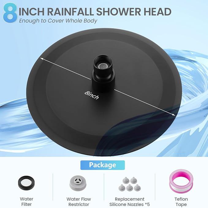 8 Inch Matte Black Round Rainfall Shower Head, All Metal Stainless Steel Rain Shower Heads with 90 Anti-Clog Silicone Nozzles, Wall or Ceiling Mount