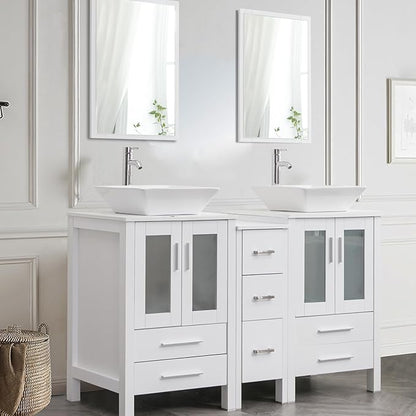 UEV 60" Double Sink Bathroom Vanity, White with Double Side Cabinets & Removable 3 Drawer Storage, Tempered Vessel Sink