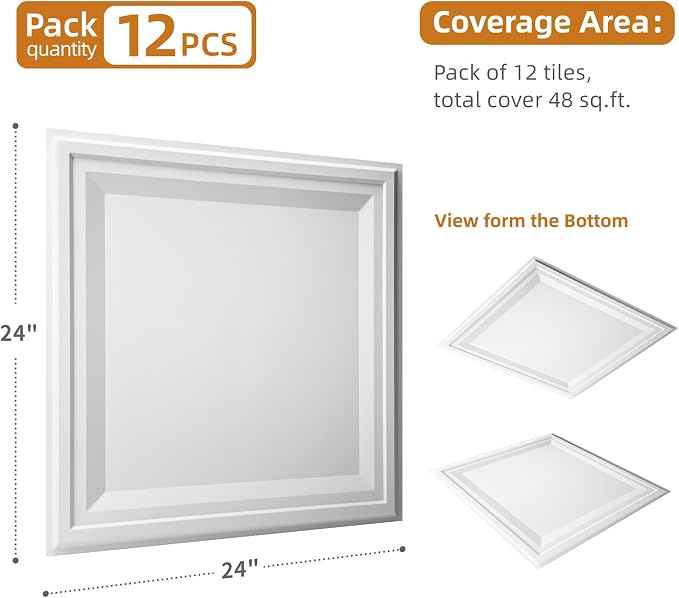 WOWSTAR 12-Pack 24"x24" Drop Ceiling Tiles, Waterproof Glue up Ceiling Panels, White | PVC ceiling panels, 24"x24", waterproof, glue-up install, basement kitchen bathroom, 12-pack, set C