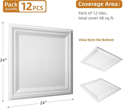 WOWSTAR 12-Pack 24"x24" Drop Ceiling Tiles, Waterproof Glue up Ceiling Panels, White | PVC ceiling panels, 24"x24", waterproof, glue-up install, basement kitchen bathroom, 12-pack, set C