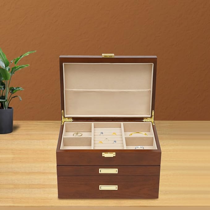 Wooden Jewelry Box for Women, 3 Layers Large Wooden Jewelry Organizer Box Watches Necklace Ring Storage Box for Women (Brown 3 Layer)