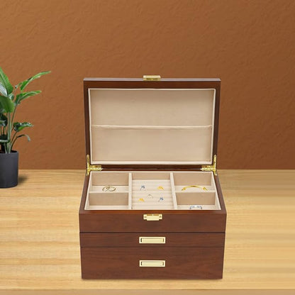 Wooden Jewelry Box for Women, 3 Layers Large Wooden Jewelry Organizer Box Watches Necklace Ring Storage Box for Women (Brown 3 Layer)