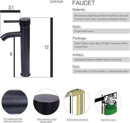 YOURLITE Bathroom Vessel Sink – Modern Tempered Glass Washing Bowl with Oil Rubbed Bronze Faucet and Pop Up Drain 16.5 Inch