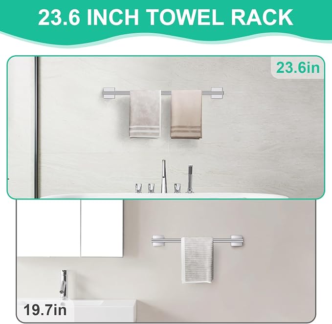 Chrome Bathroom Hardware Towel Bar Set, 5 Pieces Double Dase Toilet Paper Holder Towel Holder Set, 23.6 Inch Stainless Steel Towel Rack for Bathroom Wall Mount