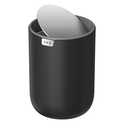 EKO Fandy 0.58 Gal/2.2L Mini Trash Can with Lid, Swing-Top Desktop Trash Can for Bathroom, Countertop, Vanity, Desk or Office, Small Garbage Bin (Black) (Pack of 12)