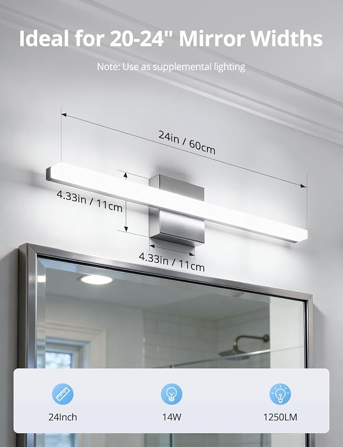 24 Inch Vanity Lights Above Mirror Modern Gentle Lighting Bar for Bathroom, LED Lámparas para Baño sobre Espejo Modernas Chrome Long Restroom Lamp Fixtures for Makeup Daylight 6000K