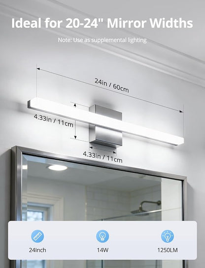 24 Inch Vanity Lights Above Mirror Modern Gentle Lighting Bar for Bathroom, LED Lámparas para Baño sobre Espejo Modernas Chrome Long Restroom Lamp Fixtures for Makeup Daylight 6000K