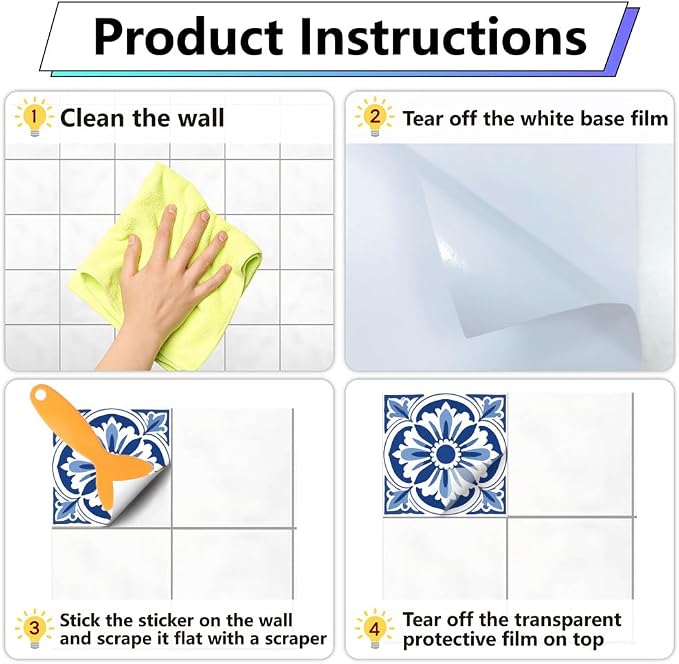 36Pcs 9 Styles Blue and White Tile Stickers 4 x 4 Inch Ceramic Tile Decals Peel and Stick Square Flower Pattern Waterproof PVC Decal for Kitchen Bathroom Backsplash Furniture DIY Home Decor