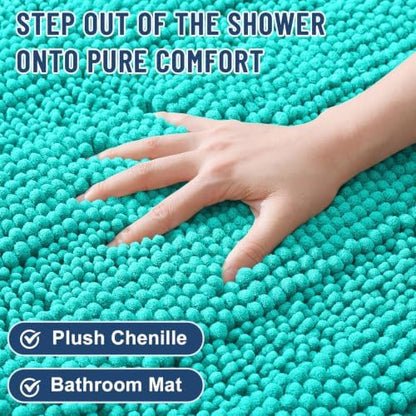 Grandaily Chenille Striped Bathroom Rugs 47x24, Extra Thick and Soft Absorbent Bath Mats, Rubber Backing, Plush Shaggy Shower Carpet, Machine Wash Dry, Bath Rug for Bathroom, Turquoise