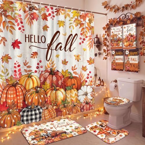 FuWeave 8 Pcs Fall Shower Curtain Set, Farmhouse Pumpkin Maple Leaf Bathroom Decor, Non-Slip Bath Rug, U Mat, Toilet Lid Cover, Hand Towels & 12 Hooks, Autumn Thanksgiving Harvest Home Decor