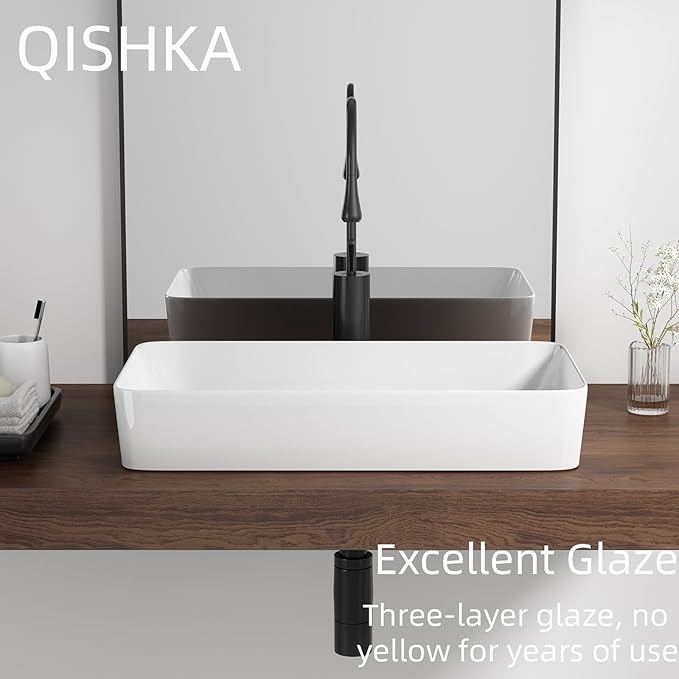 24 Inch Rectangular Bathroom Sink Above Counter, QISHKA White Ceramic Vanity Vessel Sink - 24" x 14" Countertop Rectangle Hand Wash Sink Porcelain Art Basi