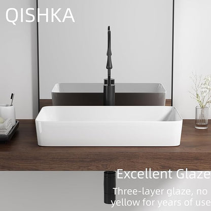24 Inch Rectangular Bathroom Sink Above Counter, QISHKA White Ceramic Vanity Vessel Sink - 24" x 14" Countertop Rectangle Hand Wash Sink Porcelain Art Basi