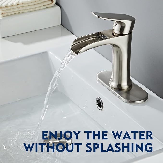 Brushed Nickel Bathroom Faucet Yundoom Waterfall Single Hole Single Handle Bathroom Sink Faucet with Pop Up Drain