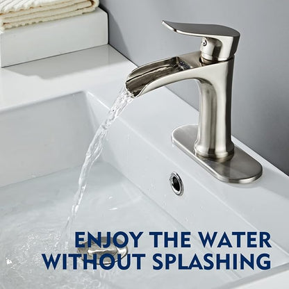 Brushed Nickel Bathroom Faucet Yundoom Waterfall Single Hole Single Handle Bathroom Sink Faucet with Pop Up Drain