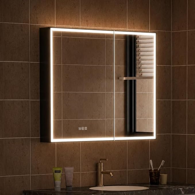 36" X 30" LED Mirrored Medicine Cabinet, Bathroom Medicine Cabinets with Lights for Bathroom, Defogging Function Mirror Cabinet, Medicine Cabinet with USB Port & Outlet, Double Doors
