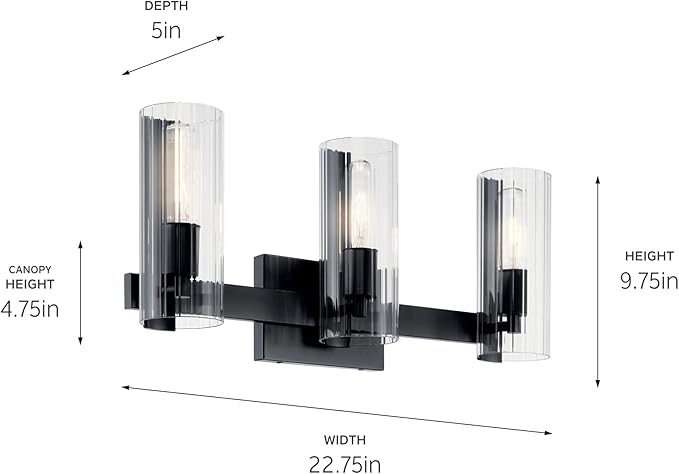 Kichler Jemsa 3 Light Vanity, Modern Light with Clear Fluted Glass in Black for Bathroom or Powder Room (9.75" x 22.75"), 55168BK