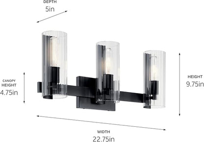Kichler Jemsa 3 Light Vanity, Modern Light with Clear Fluted Glass in Black for Bathroom or Powder Room (9.75" x 22.75"), 55168BK
