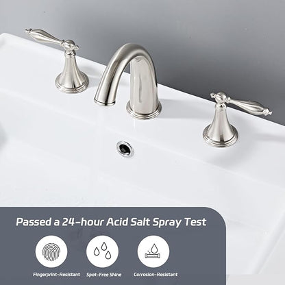 Bathroom Faucet Widespread 3 Hole, 6–16 Inch Vanity Sink Faucet with 2 Handles, Drip-Free Ceramic Disc Valve, Solid Brass, Push Pop-Up Drain Assembly Included