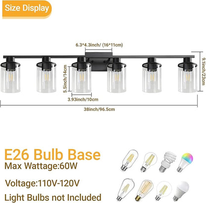 LOUSACE 6 Light Bathroom Vanity Light, Matte Black Bathroom Light Fixtures, Modern Bathroom Lights Over Mirror with Clear Glass Shade, Wall Sconce Lighting for Bathroom Mirror